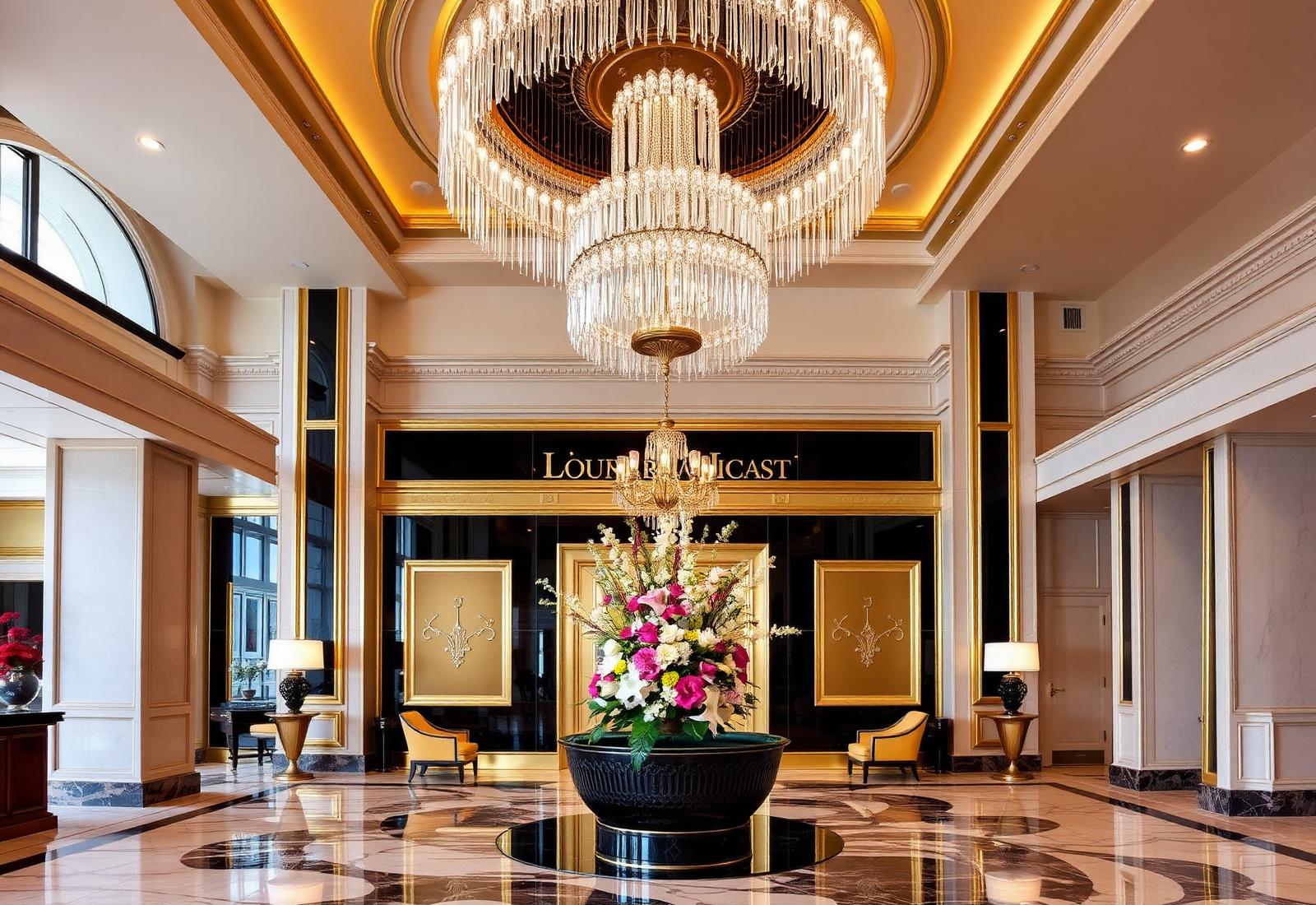 The grand marble lobby of Hotel Crista at dusk